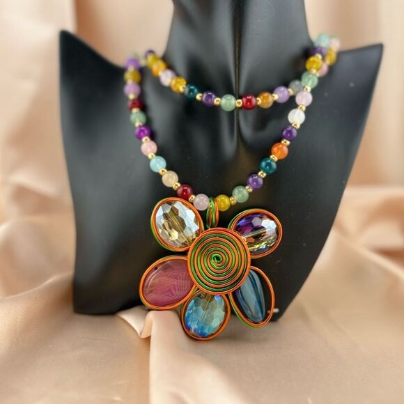 Rainbow Beaded Flower Pendant Necklace – Bold, Colorful & Totally Joyful - Picture 10 of 12